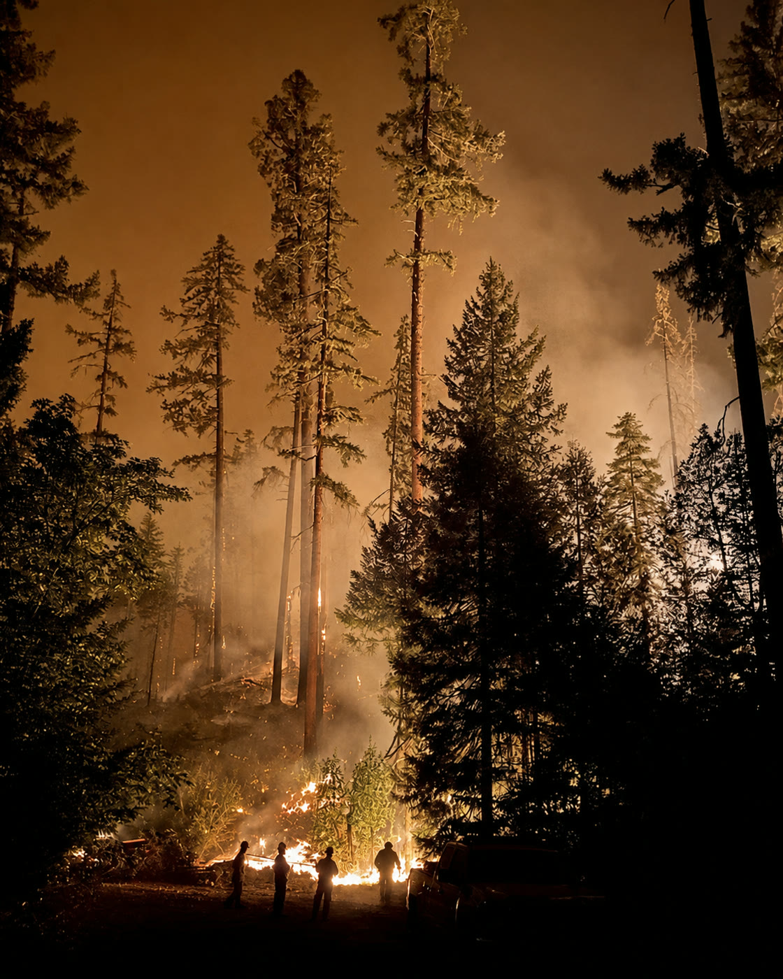 Wildland fire burning among tall trees while silhouetted responders observe from a clearing.